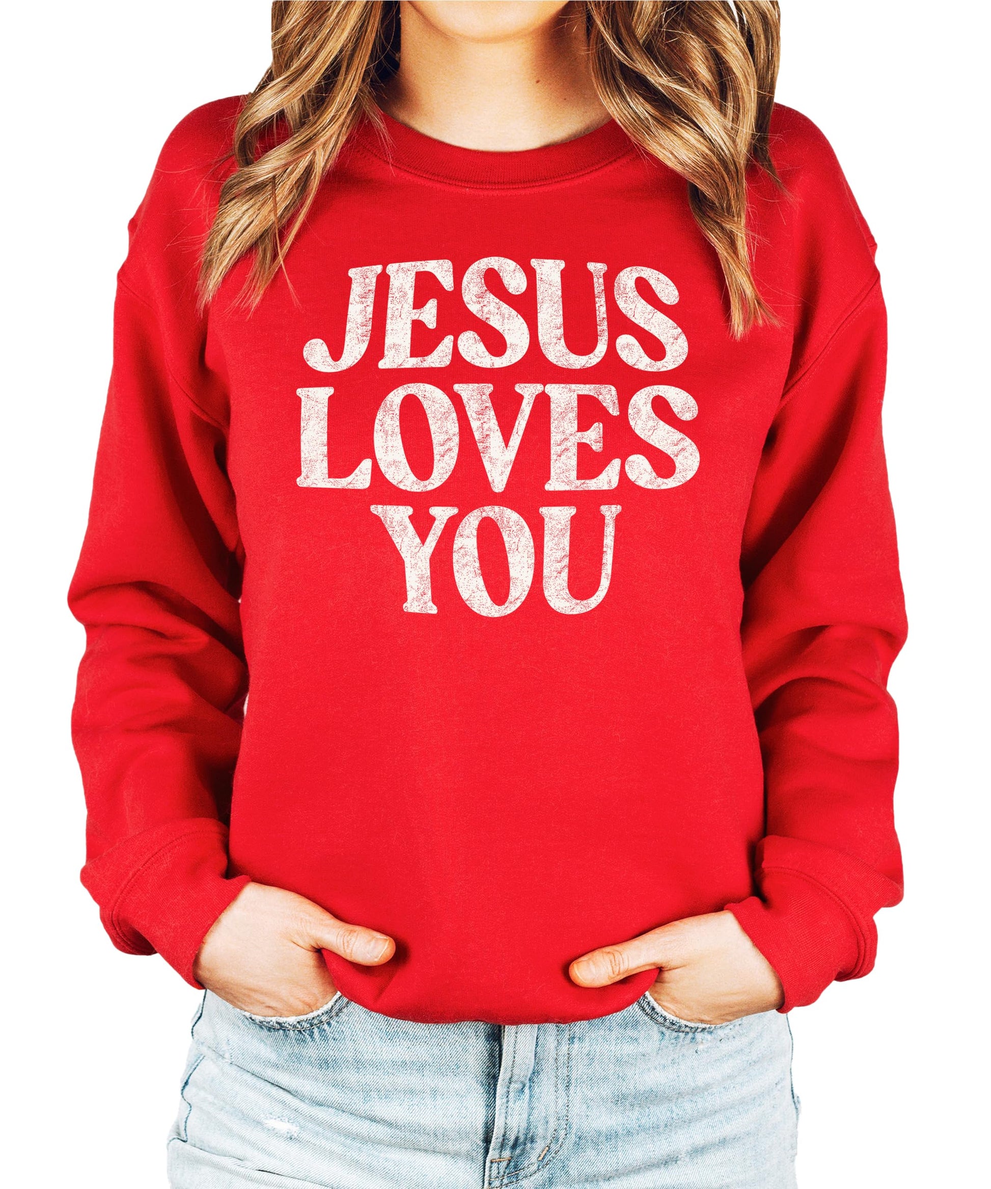Back view of Jesus Loves You christian sweatshirt showing fit and style