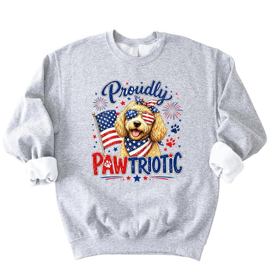 Close-up of patriotic dog graphic design with red, white and blue colors and Proudly Pawtriotic text