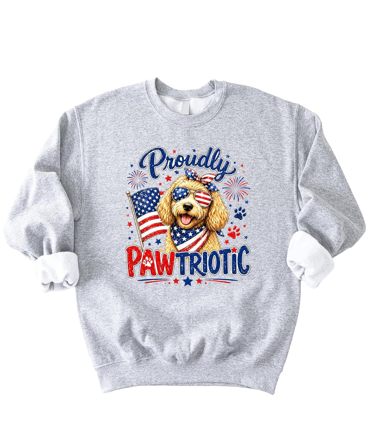 Close-up of patriotic dog graphic design with red, white and blue colors and Proudly Pawtriotic text