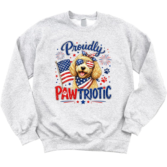 Model wearing white Proudly Pawtriotic sweatshirt showing fit and style
