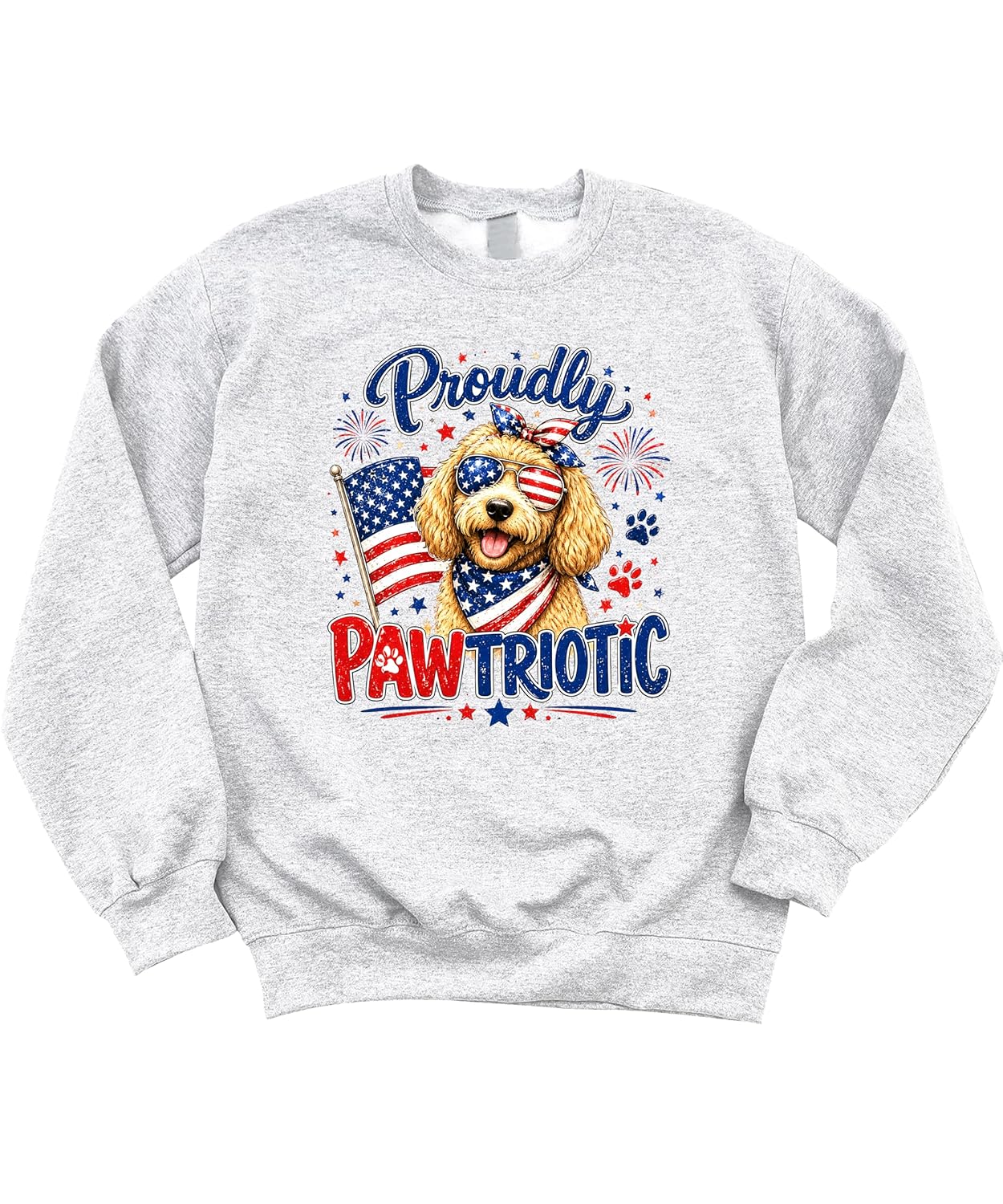 Model wearing white Proudly Pawtriotic sweatshirt showing fit and style