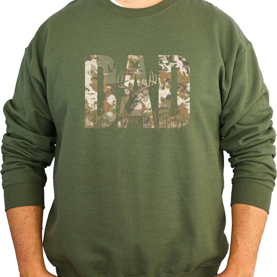 Full front view of mens hunting sweatshirt with camo DAD graphic on army green background