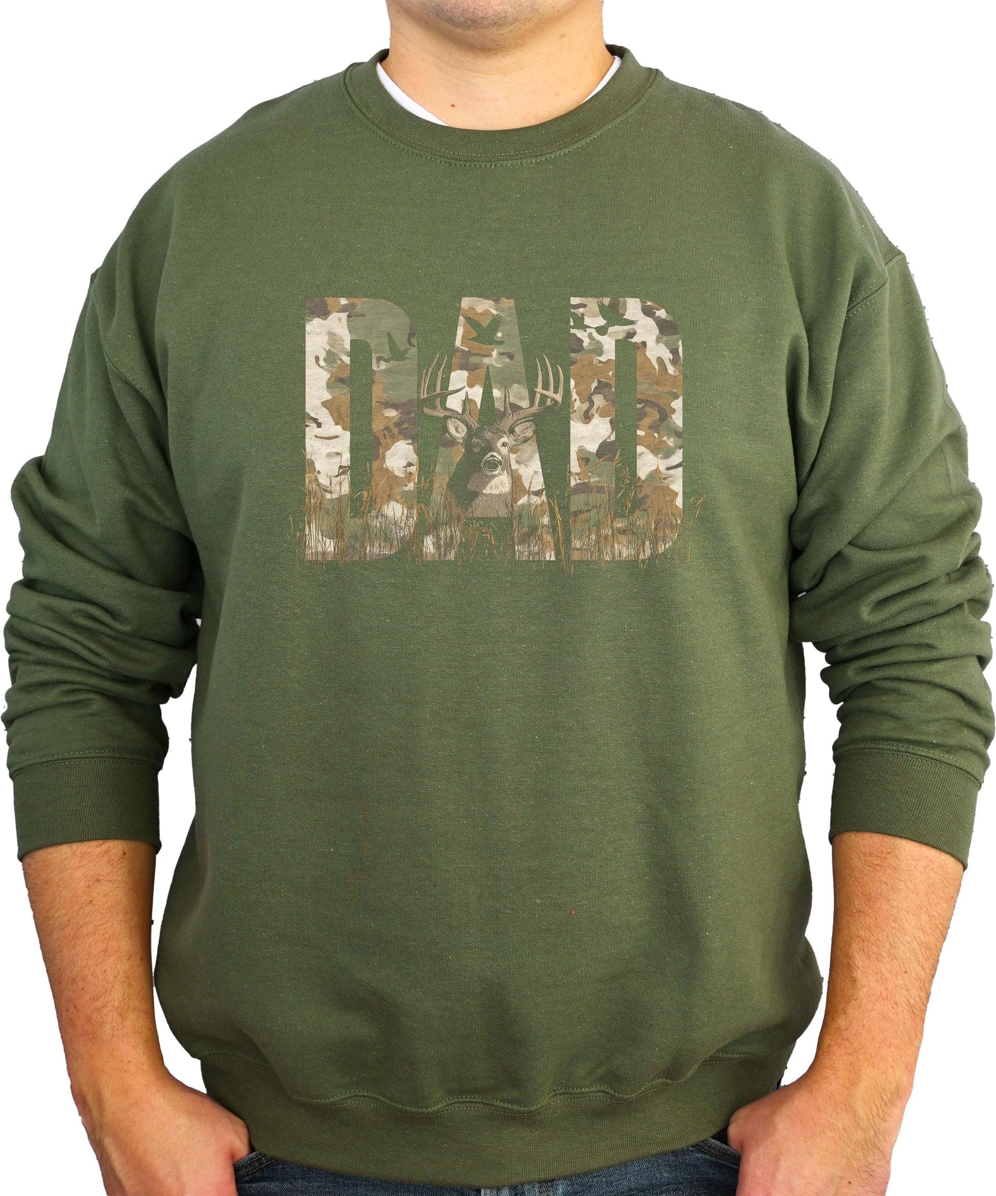 Full front view of mens hunting sweatshirt with camo DAD graphic on army green background