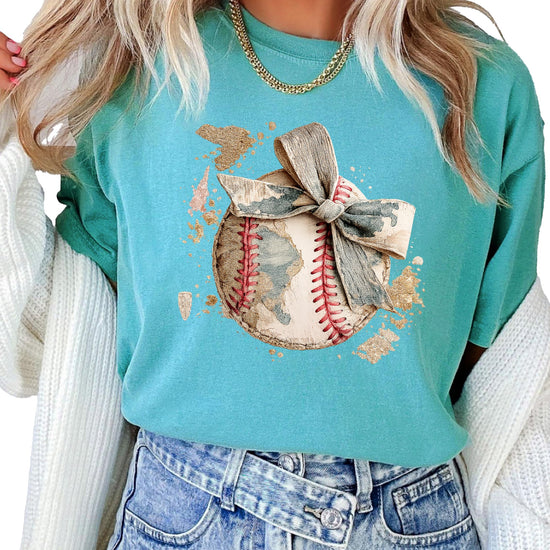 Women modeling light blue baseball camo bow shirt showing comfortable casual fit