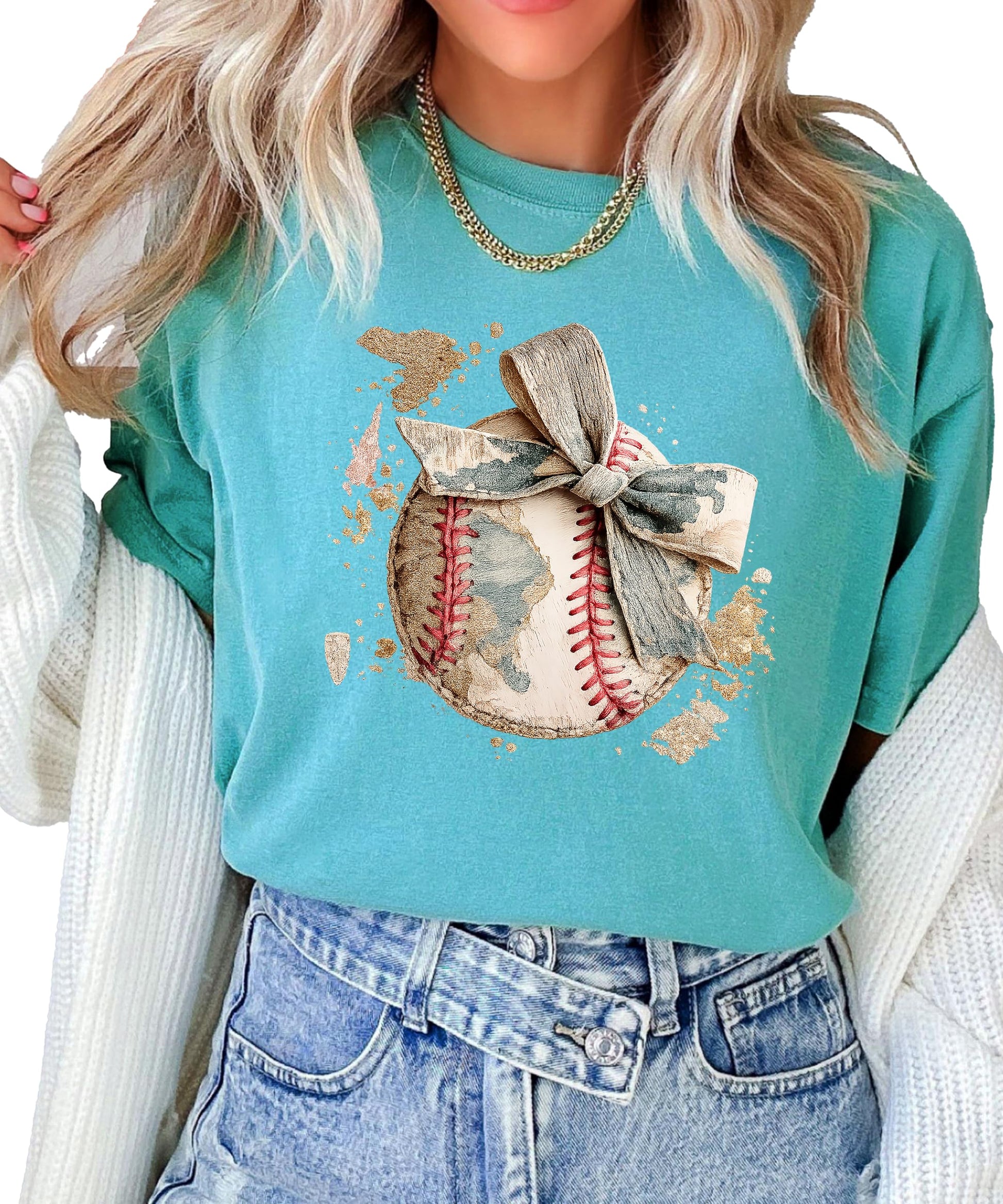 Women modeling light blue baseball camo bow shirt showing comfortable casual fit