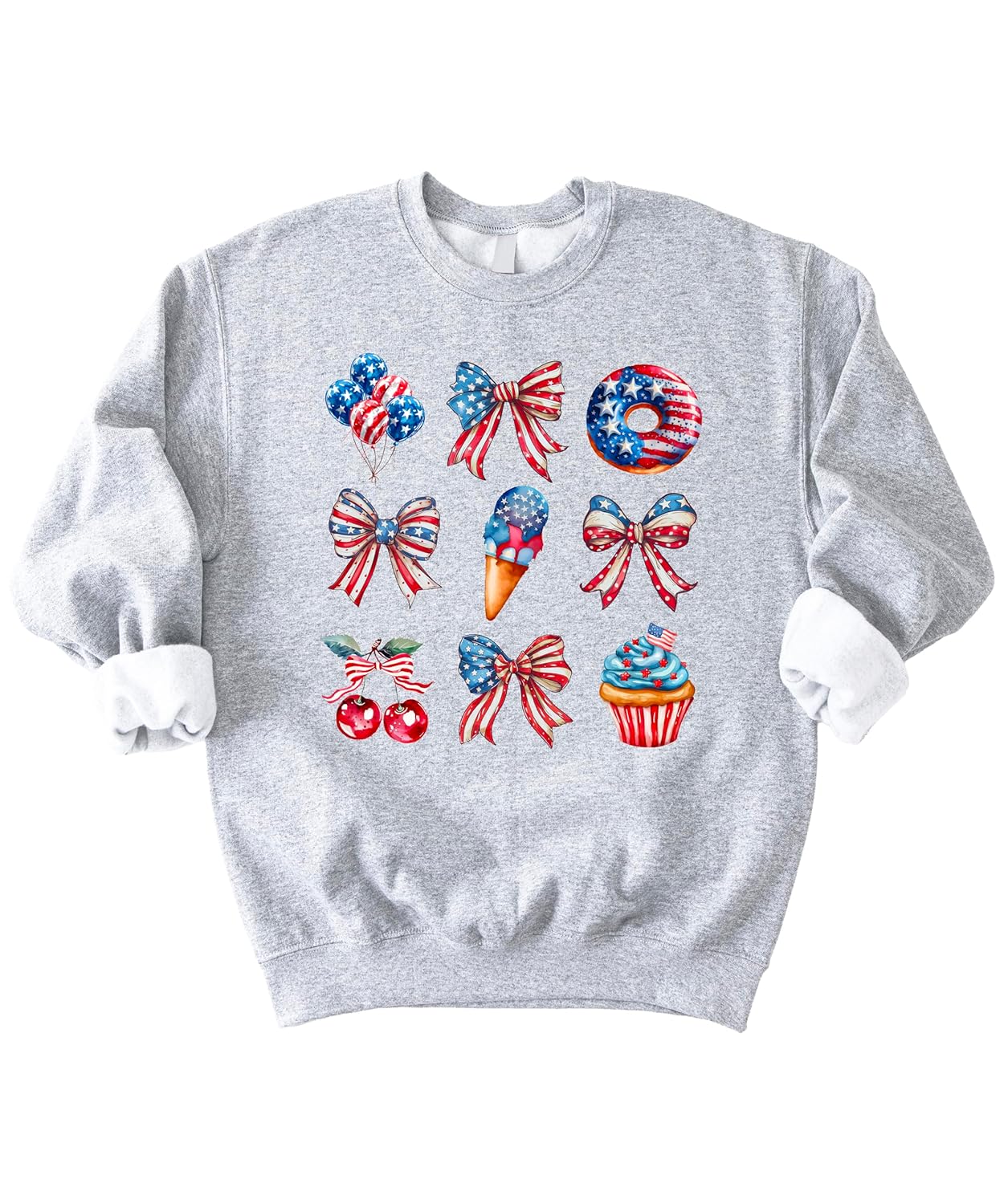 Close-up of patriotic sweatshirt design showing watercolor bows balloons flag donut ice cream and 4th of July treats
