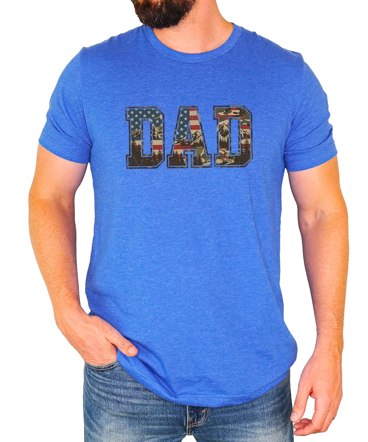 Man wearing natural patriotic DAD shirt with mountain camo American flag graphic