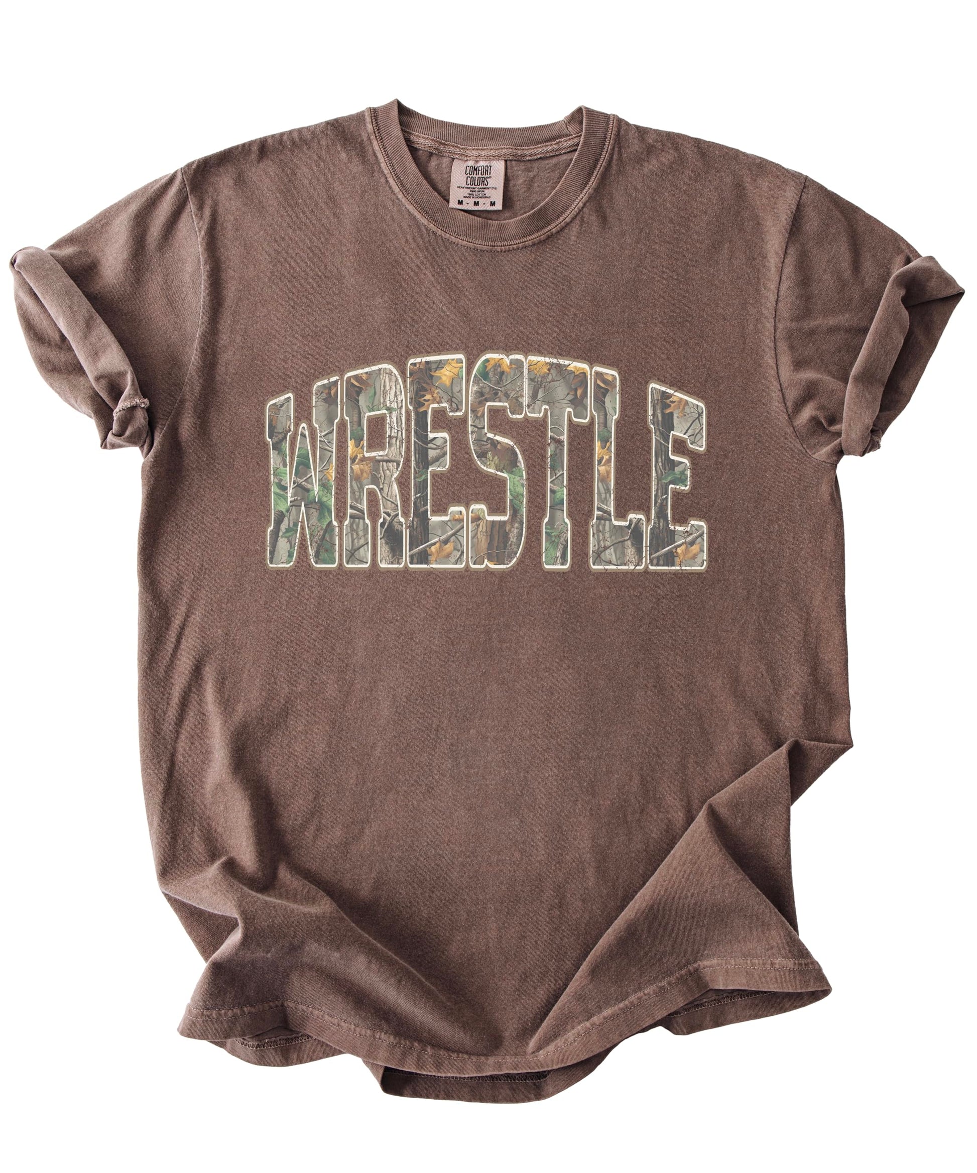 Close-up view of camo wrestling shirt showing detailed graphic print quality