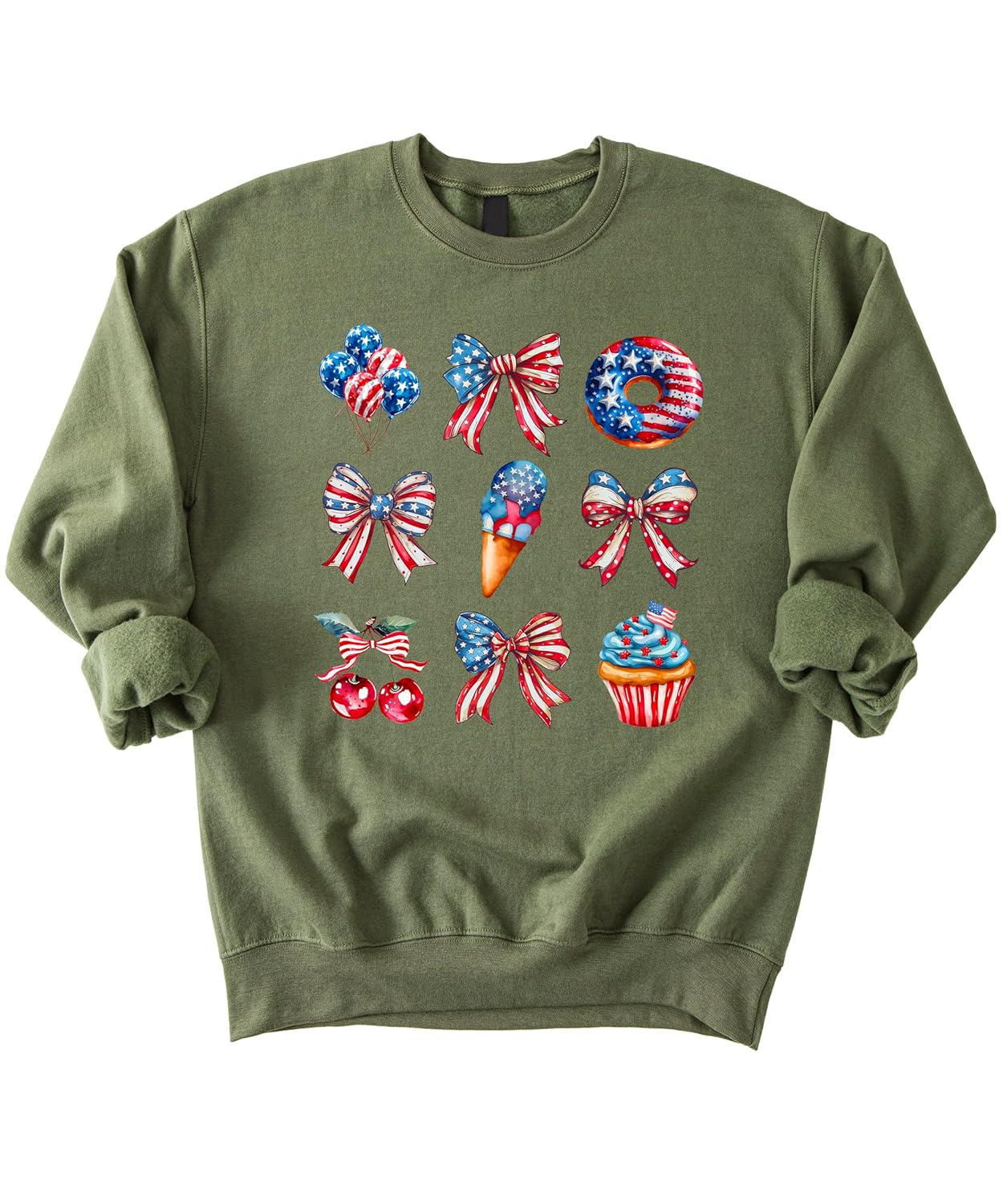 White crewneck sweatshirt with patriotic red white blue watercolor design featuring bows balloons treats and sparkler cupcake