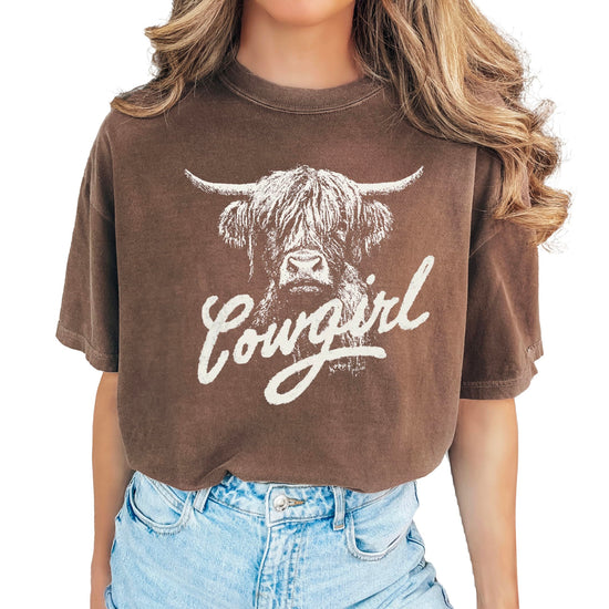 Back view of highland cow western graphic tee showing print placement and fit