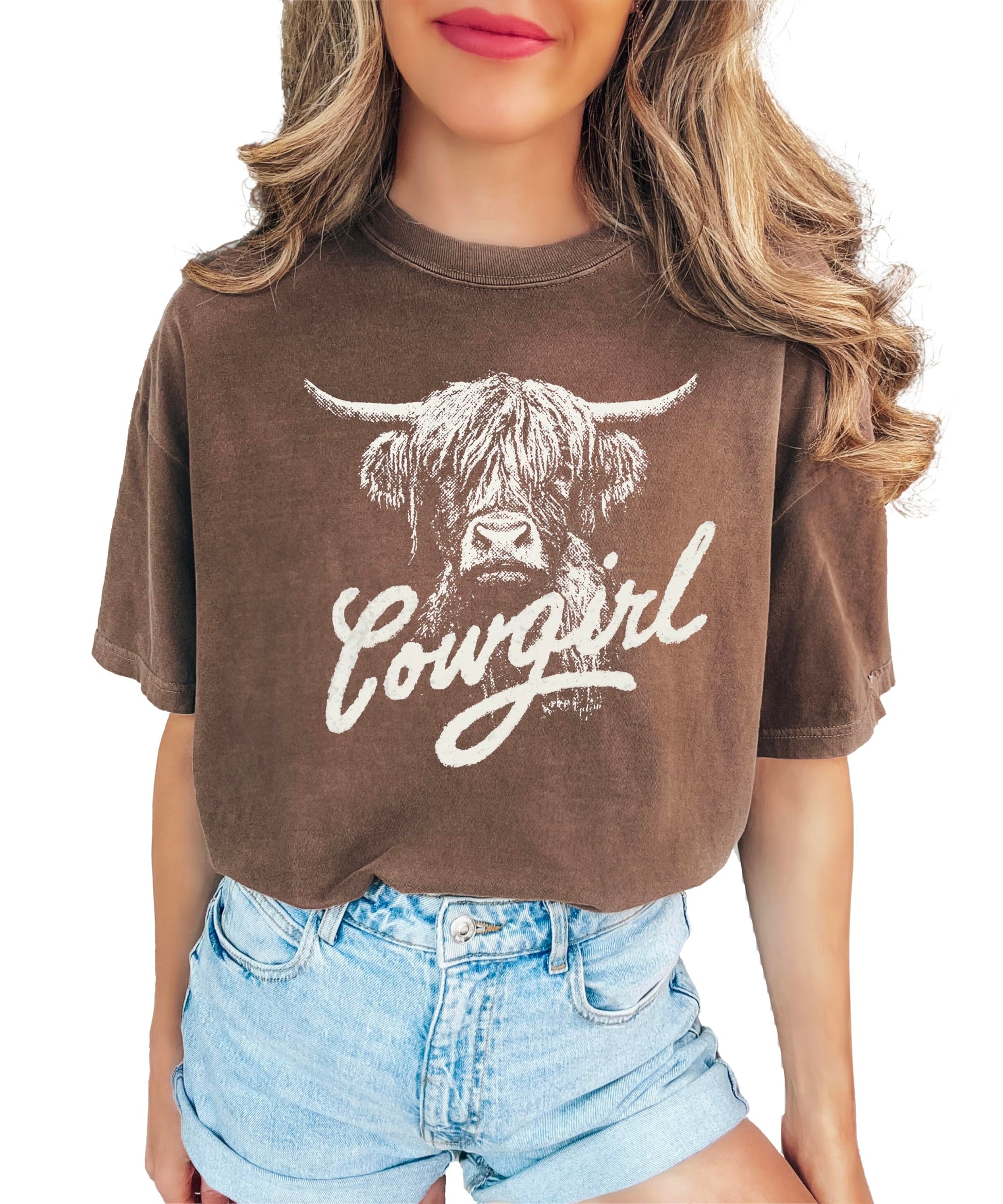 Back view of highland cow western graphic tee showing print placement and fit