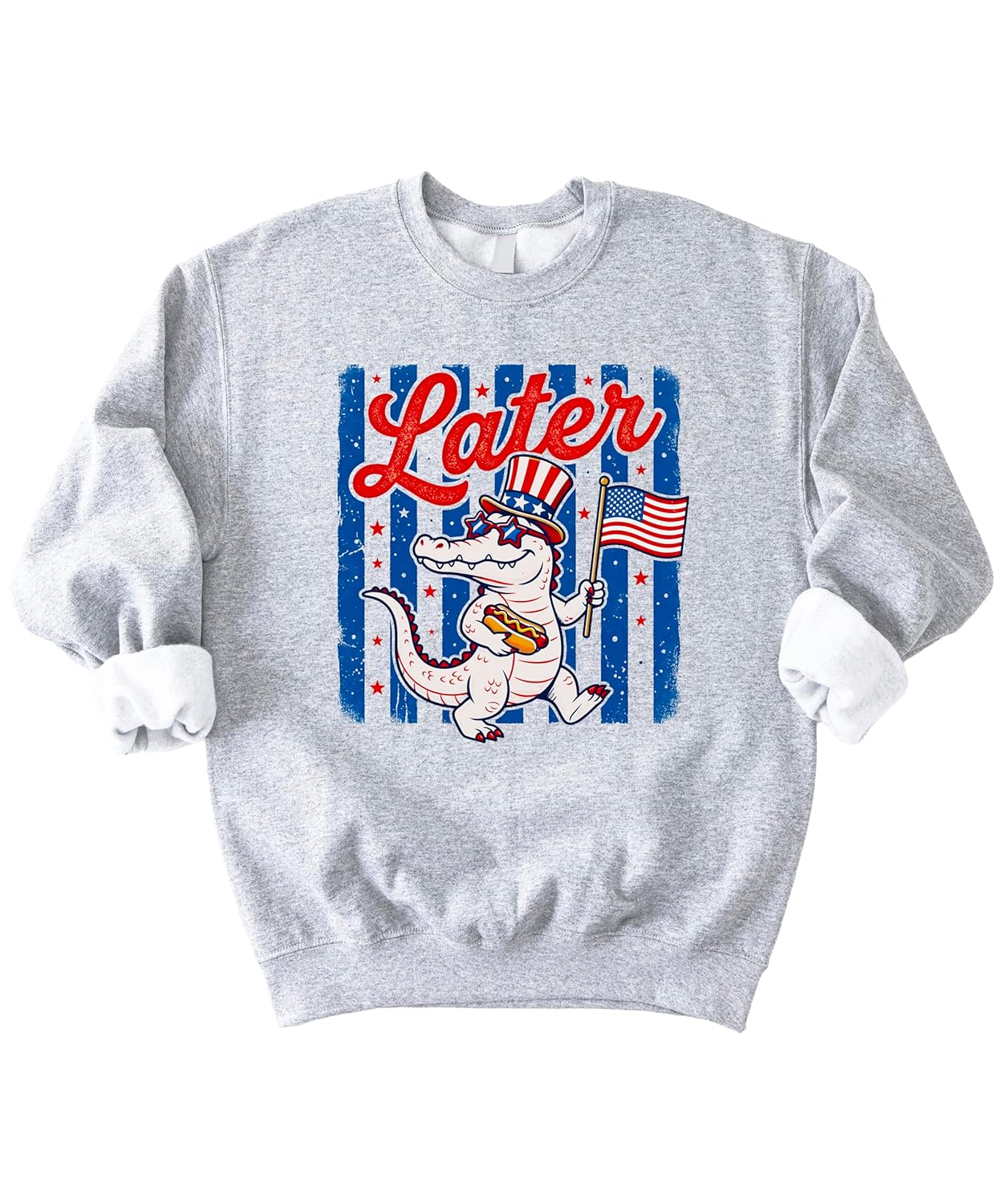 Later Gator patriotic sweatshirt with alligator wearing American flag top hat and sunglasses holding hot dog
