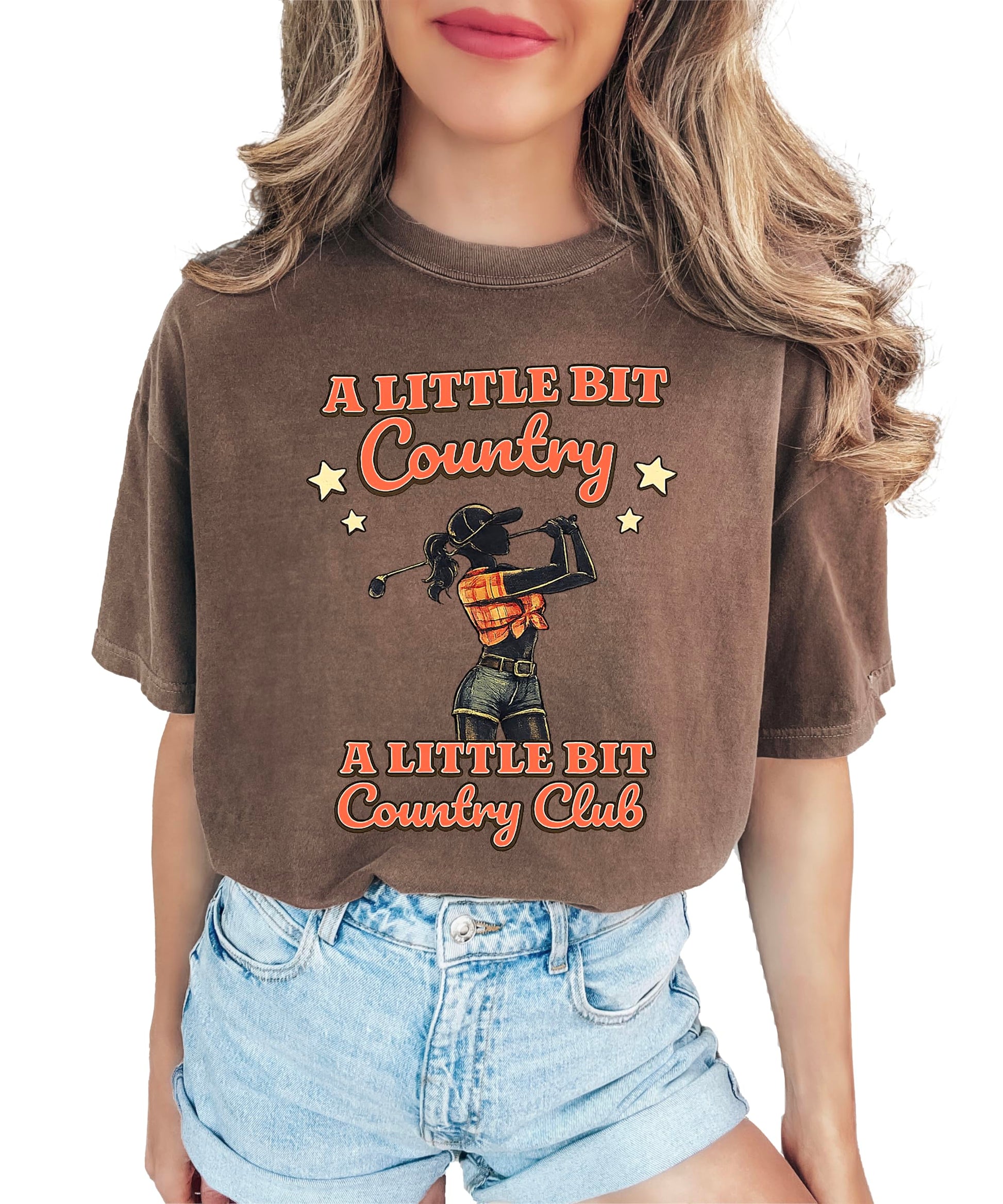 Close-up of country club golf shirt text design on blue women's t-shirt