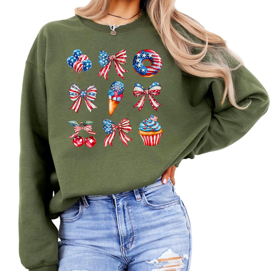 Patriotic family matching sweatshirt in white showing complete 4th of July watercolor design with treats balloons and bows