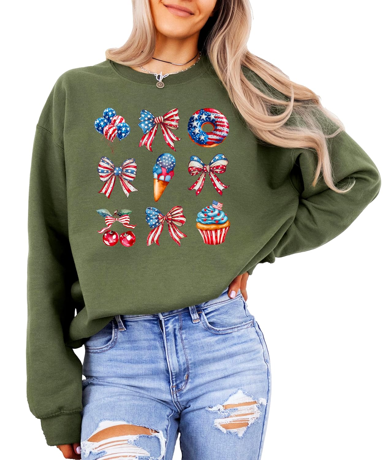 Patriotic family matching sweatshirt in white showing complete 4th of July watercolor design with treats balloons and bows