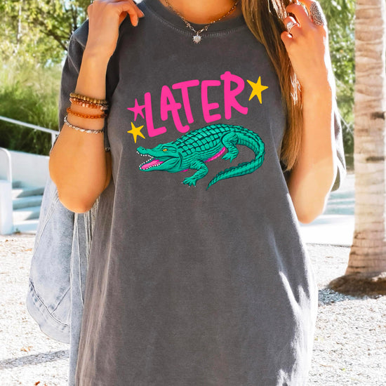 Full front and back view of Later Gator After While Crocodile women's tee