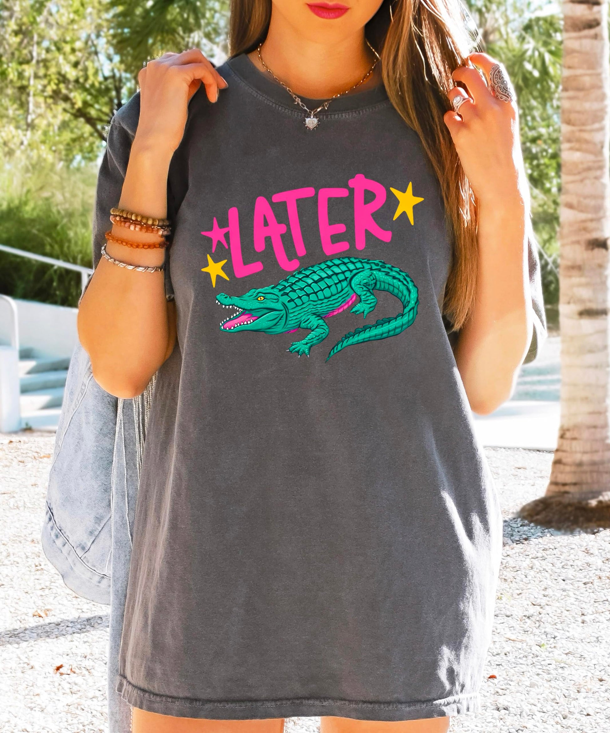 Full front and back view of Later Gator After While Crocodile women's tee
