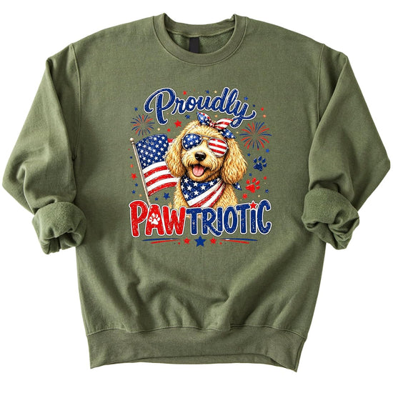 White sweatshirt with Proudly Pawtriotic design featuring dog in stars and stripes sunglasses with American flag