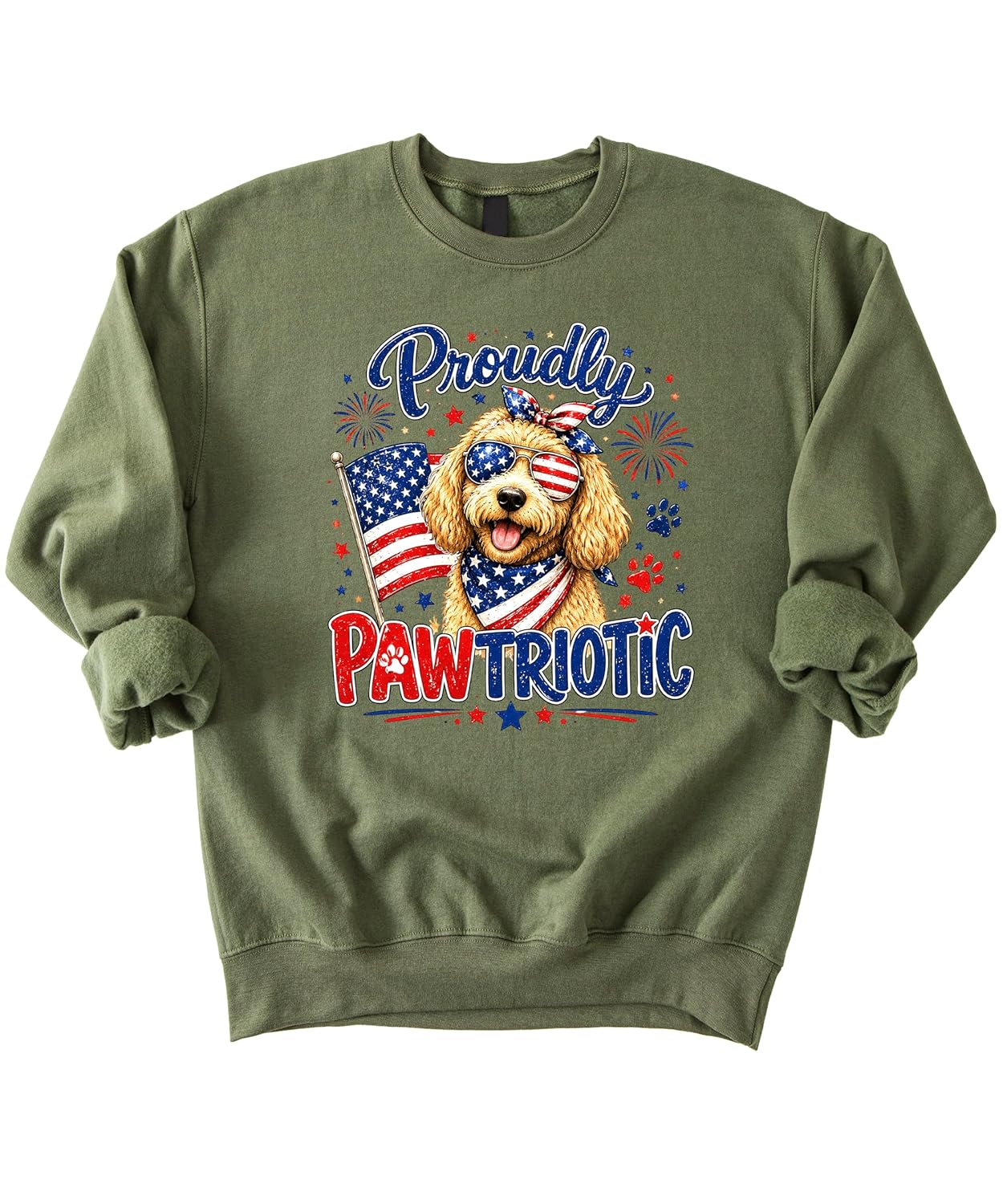 White sweatshirt with Proudly Pawtriotic design featuring dog in stars and stripes sunglasses with American flag