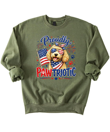 White sweatshirt with Proudly Pawtriotic design featuring dog in stars and stripes sunglasses with American flag