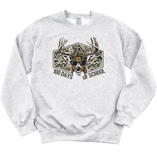 White kids crewneck sweatshirt with 100 Days of School camo deer wearing sunglasses design