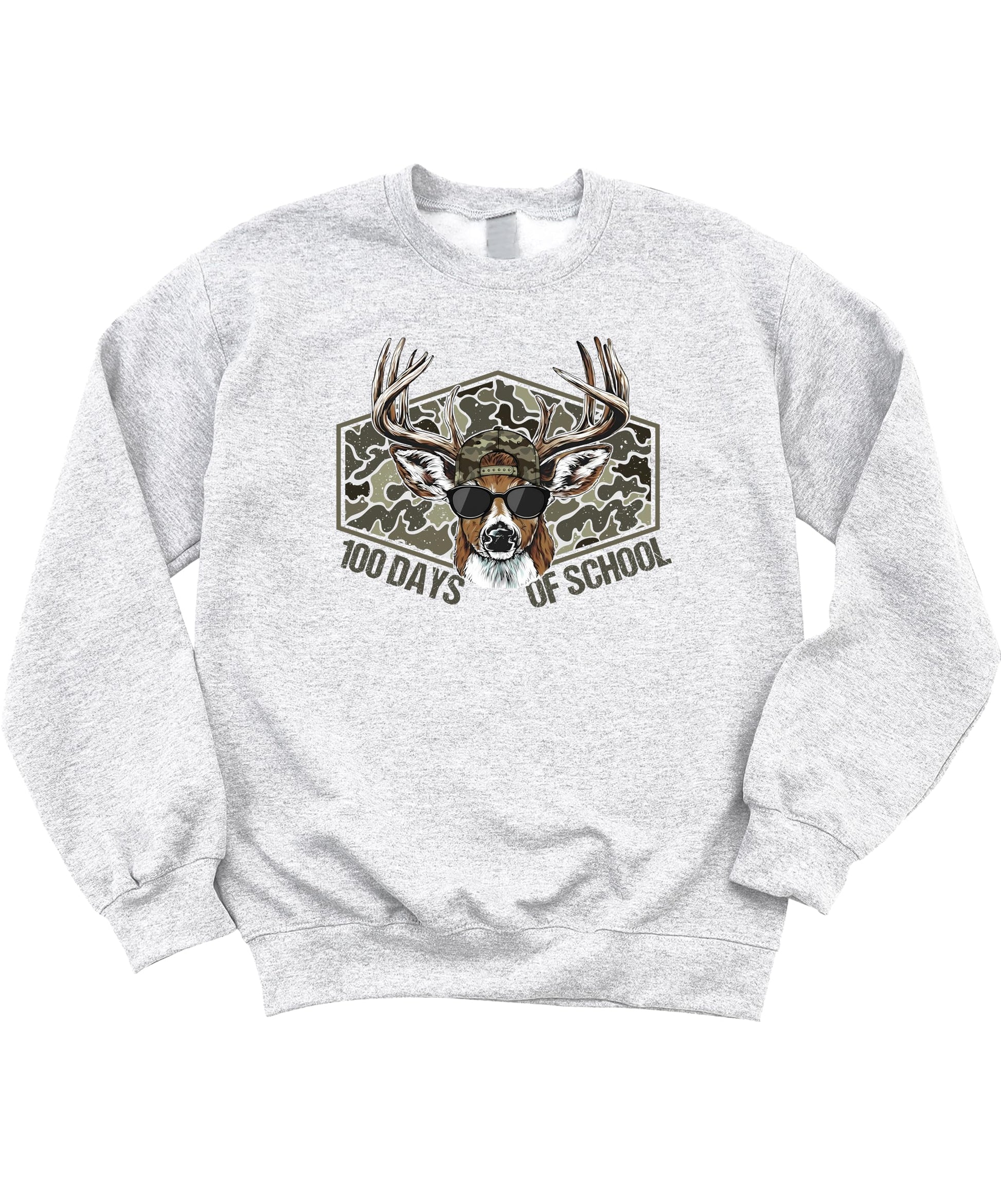 White kids crewneck sweatshirt with 100 Days of School camo deer wearing sunglasses design