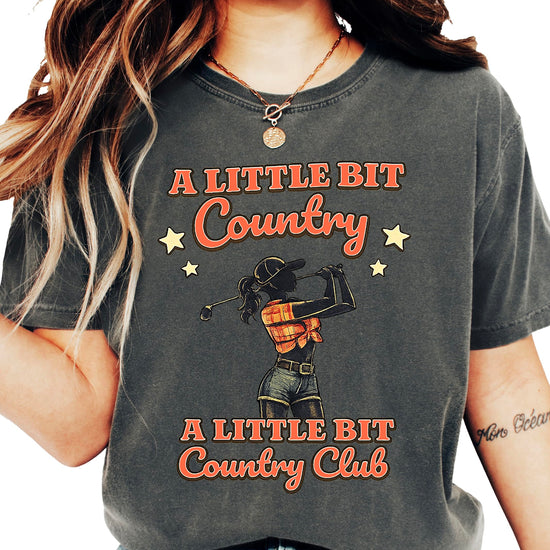 Front view of A Little Bit Country Club women's golf shirt in blue