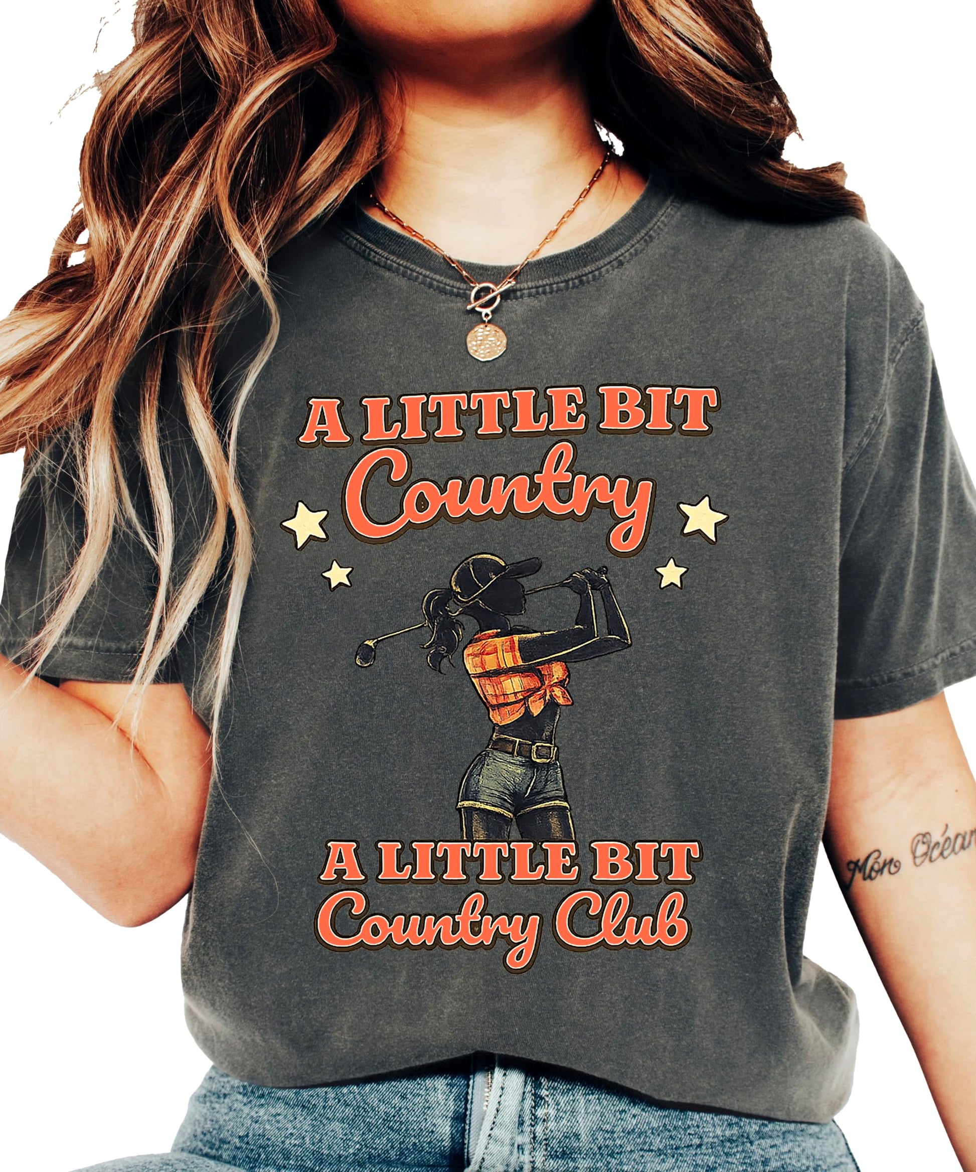 Front view of A Little Bit Country Club women's golf shirt in blue