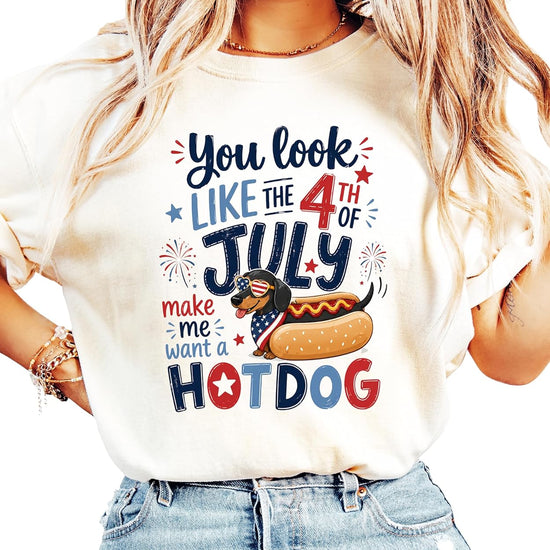 Flat lay of patriotic dachshund hot dog t-shirt showing full design and shirt color