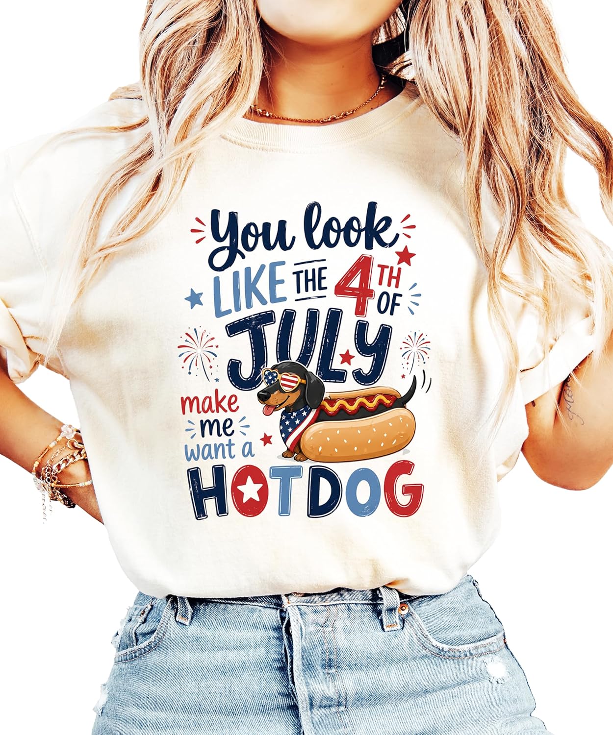 Flat lay of patriotic dachshund hot dog t-shirt showing full design and shirt color