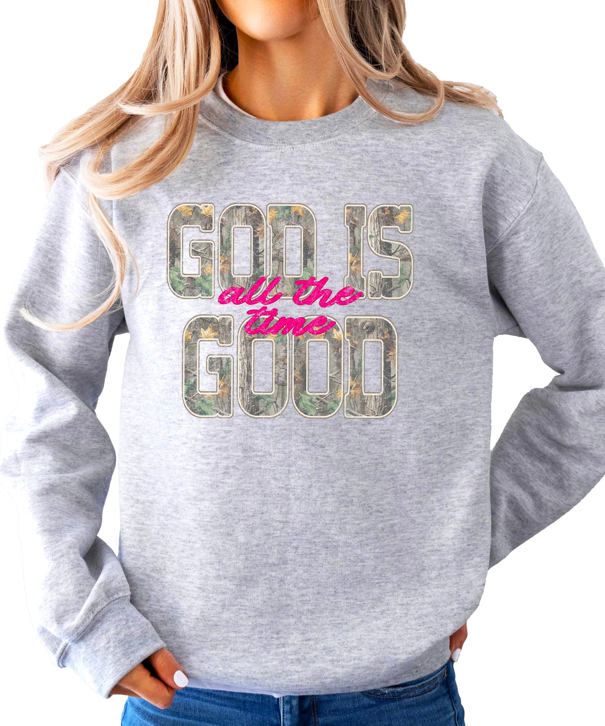 Women's camo pullover sweatshirt product styled on model