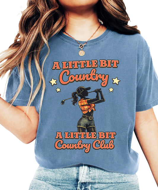 Women's blue graphic tee with A Little Bit Country Club text design