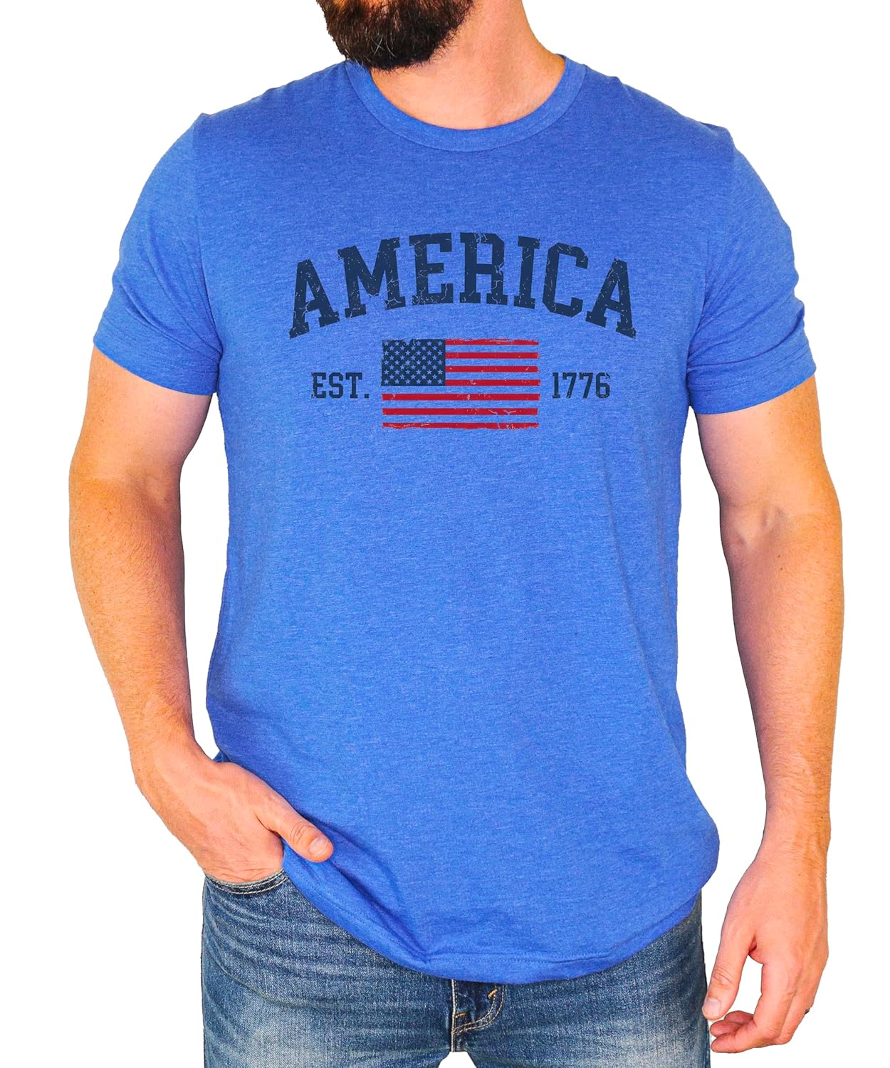 America Est 1776 patriotic shirt flat lay showing vintage American flag design and collegiate lettering