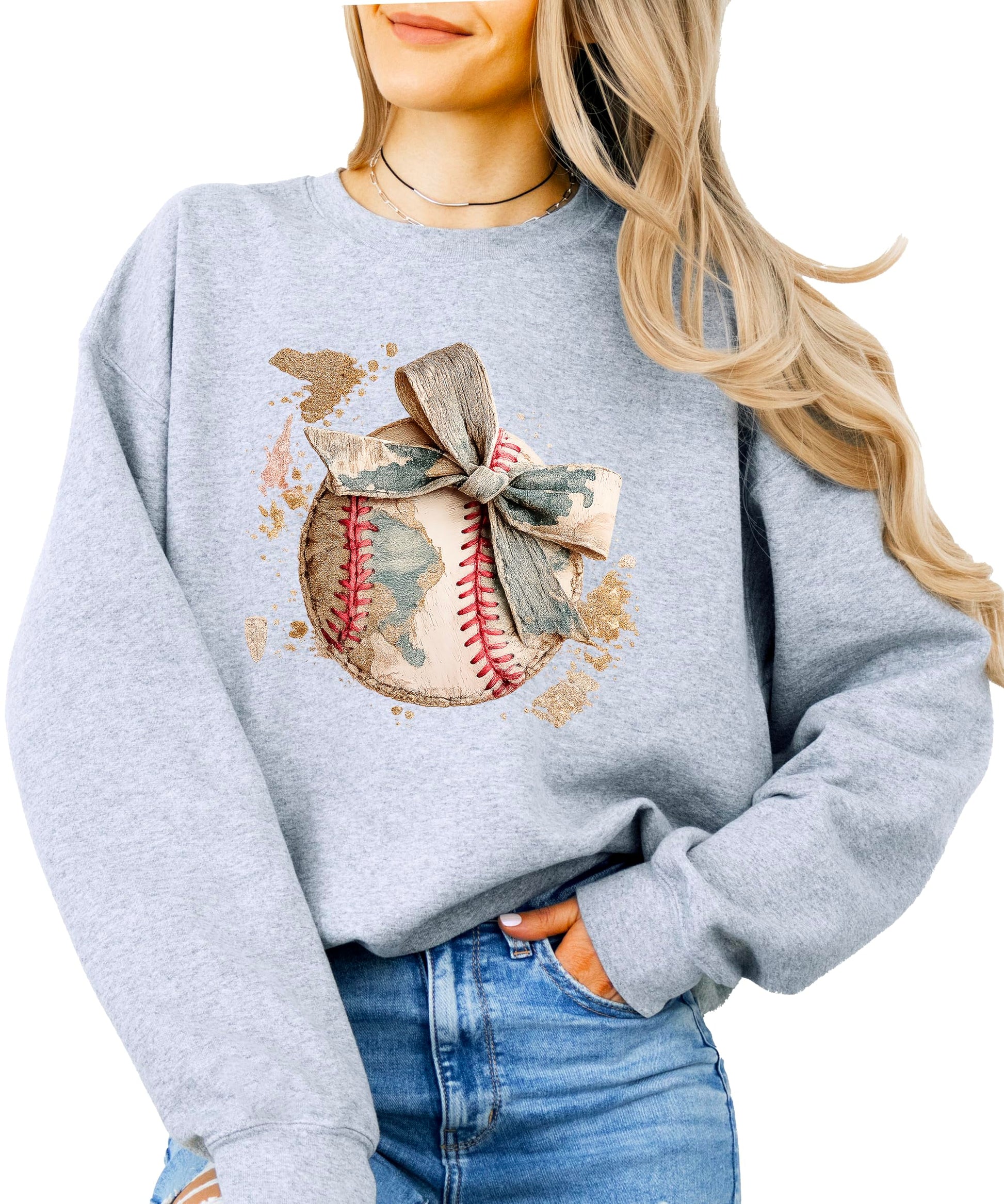 Side angle of camo bow baseball sweatshirt showing relaxed fit and sleeve detail