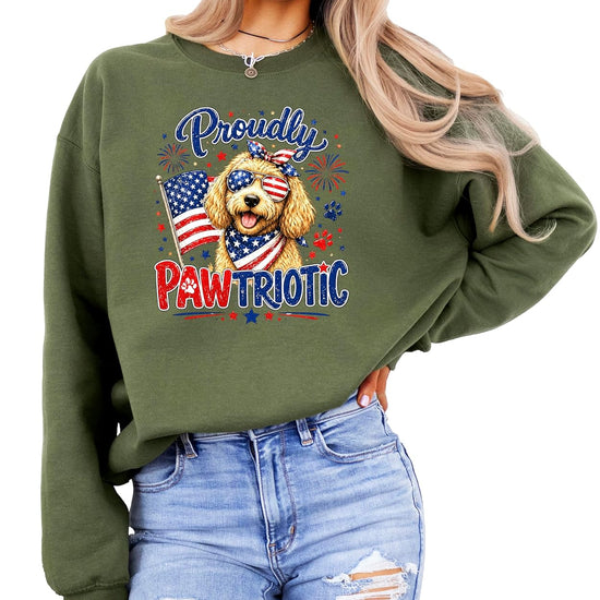 Size chart and color options for Proudly Pawtriotic sweatshirt
