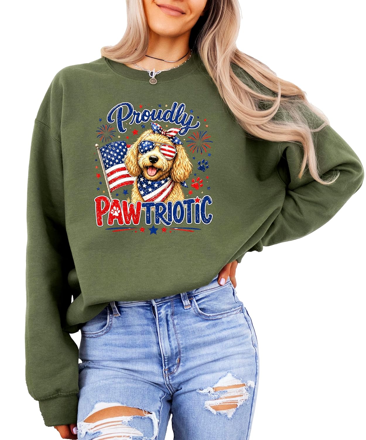 Size chart and color options for Proudly Pawtriotic sweatshirt
