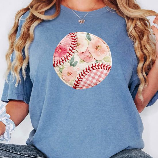 Back view of floral gingham baseball tee showing raglan sleeve construction