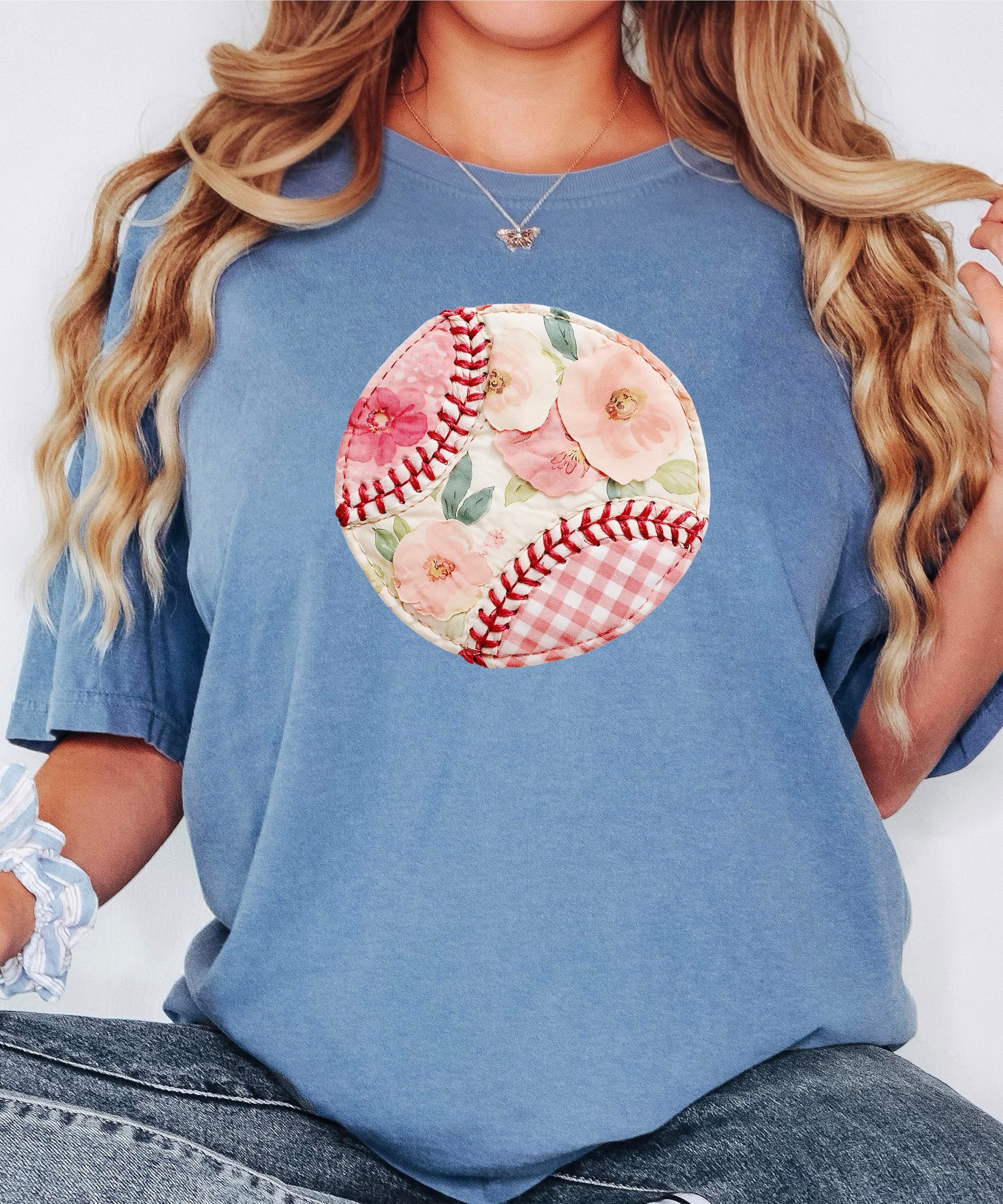 Back view of floral gingham baseball tee showing raglan sleeve construction
