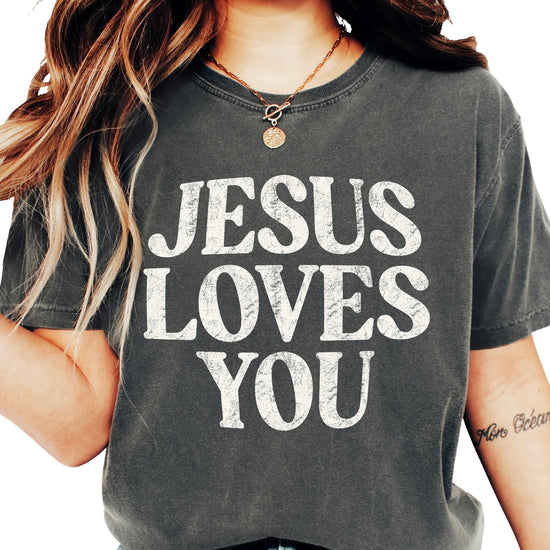Back view of Jesus Loves You Christian shirt showing fit and fabric texture