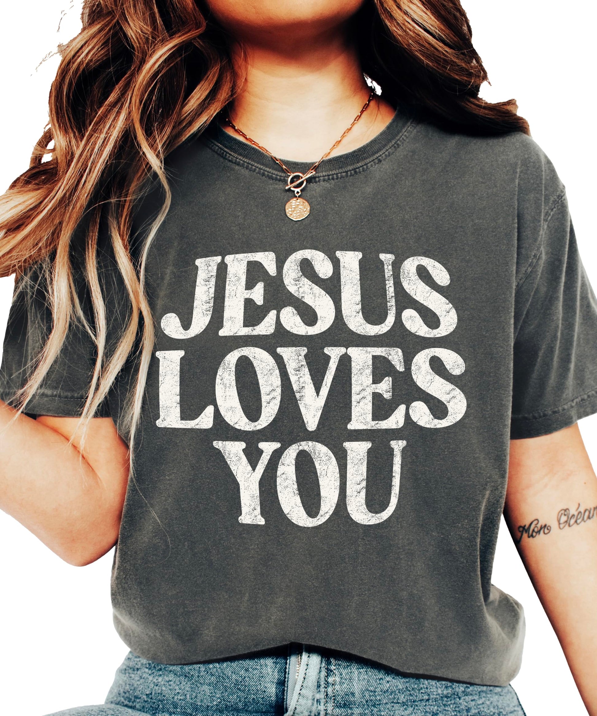 Back view of Jesus Loves You Christian shirt showing fit and fabric texture
