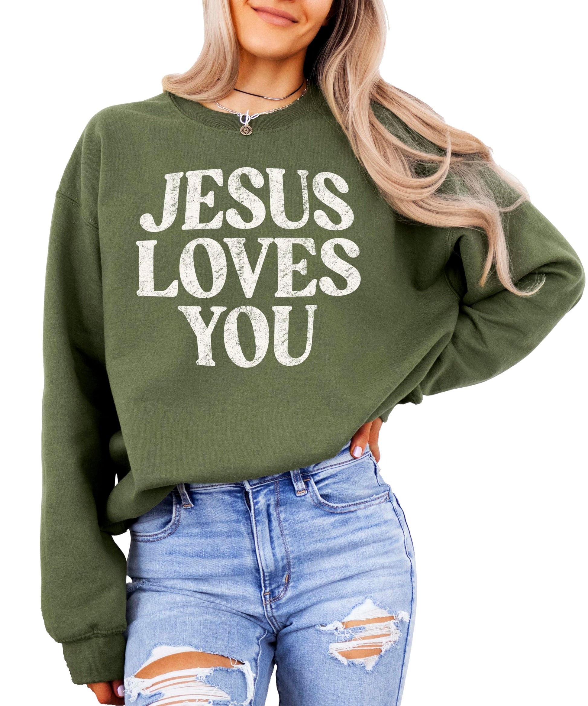 Jesus Loves You sweatshirt flat lay showing distressed graphic design detail