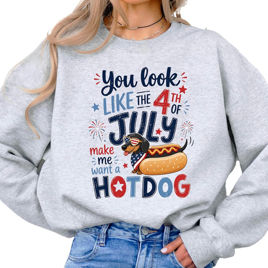 Patriotic dachshund hotdog sweatshirt lifestyle photo showing casual summer wear styling