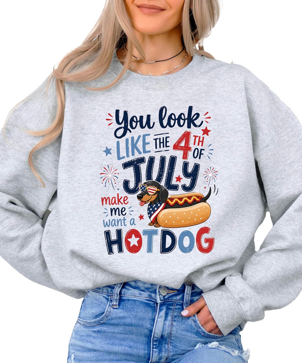 Patriotic dachshund hotdog sweatshirt lifestyle photo showing casual summer wear styling