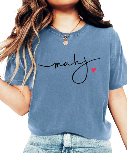 White women's t-shirt with black cursive "mahj" script and small red heart design