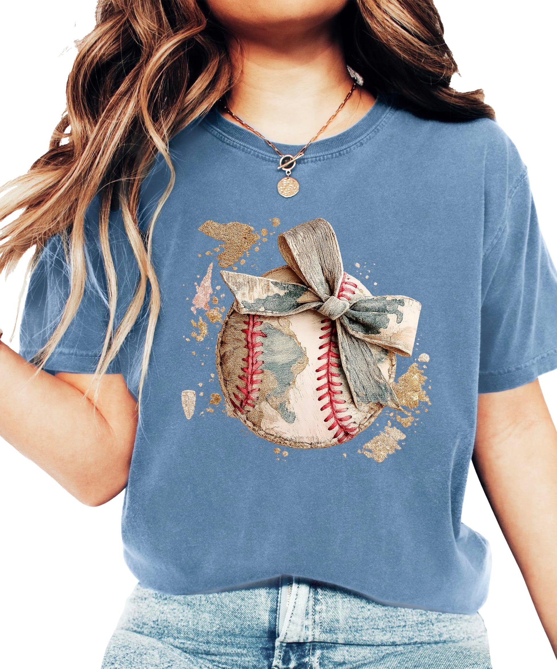 Women's light blue baseball t-shirt with vintage baseball graphic and camo bow design