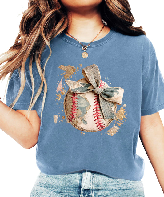 Women's light blue baseball t-shirt with vintage baseball graphic and camo bow design