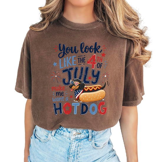 Side view of woman wearing gray You Look Like 4th of July dachshund hot dog shirt