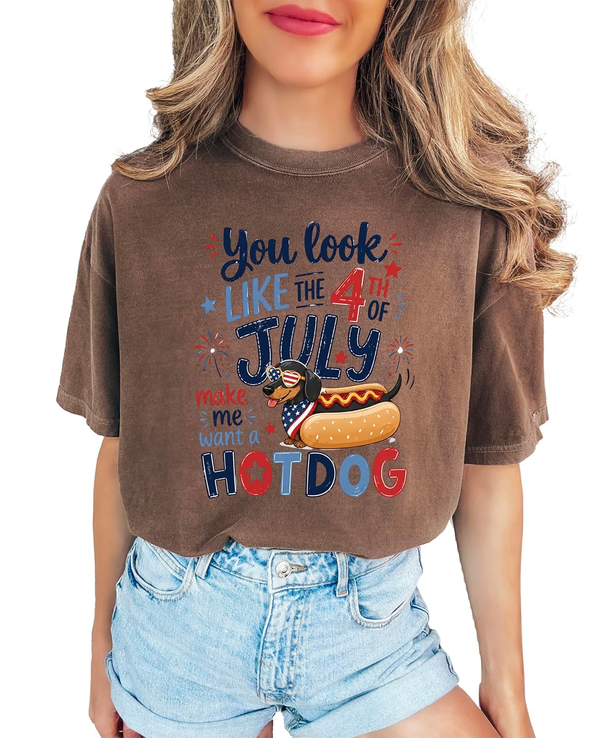 Side view of woman wearing gray You Look Like 4th of July dachshund hot dog shirt