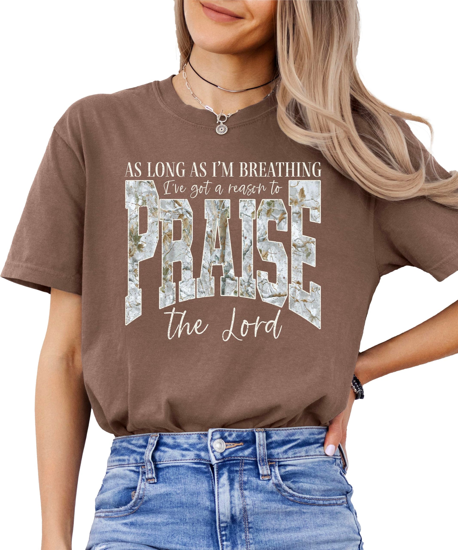 Side angle view of women's blue Christian Easter t-shirt displaying faith-based inspirational text
