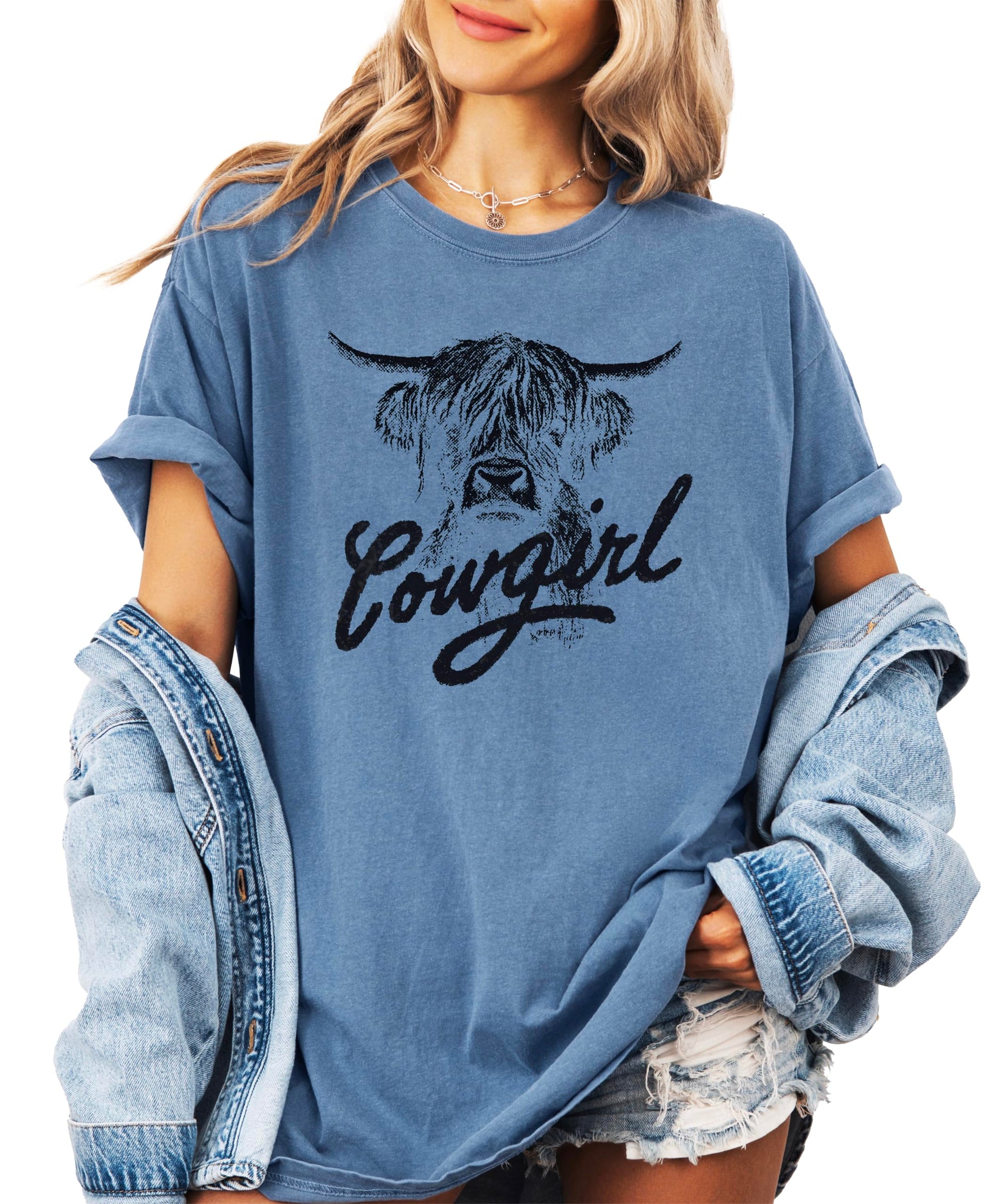 Highland cow cowgirl shirt styled with denim showing complete western look